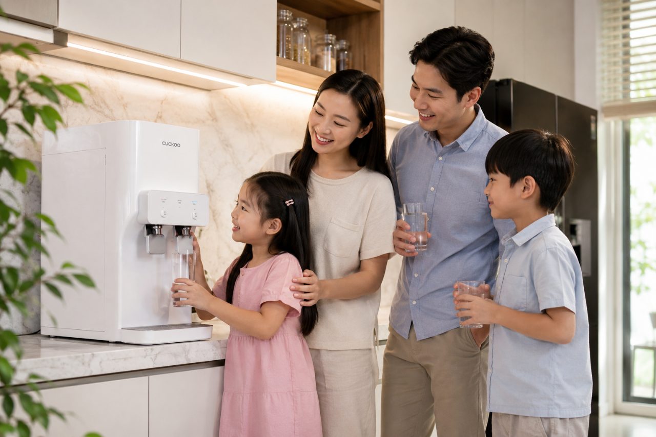 Family staying hydrated with a CUCKOO water purifier