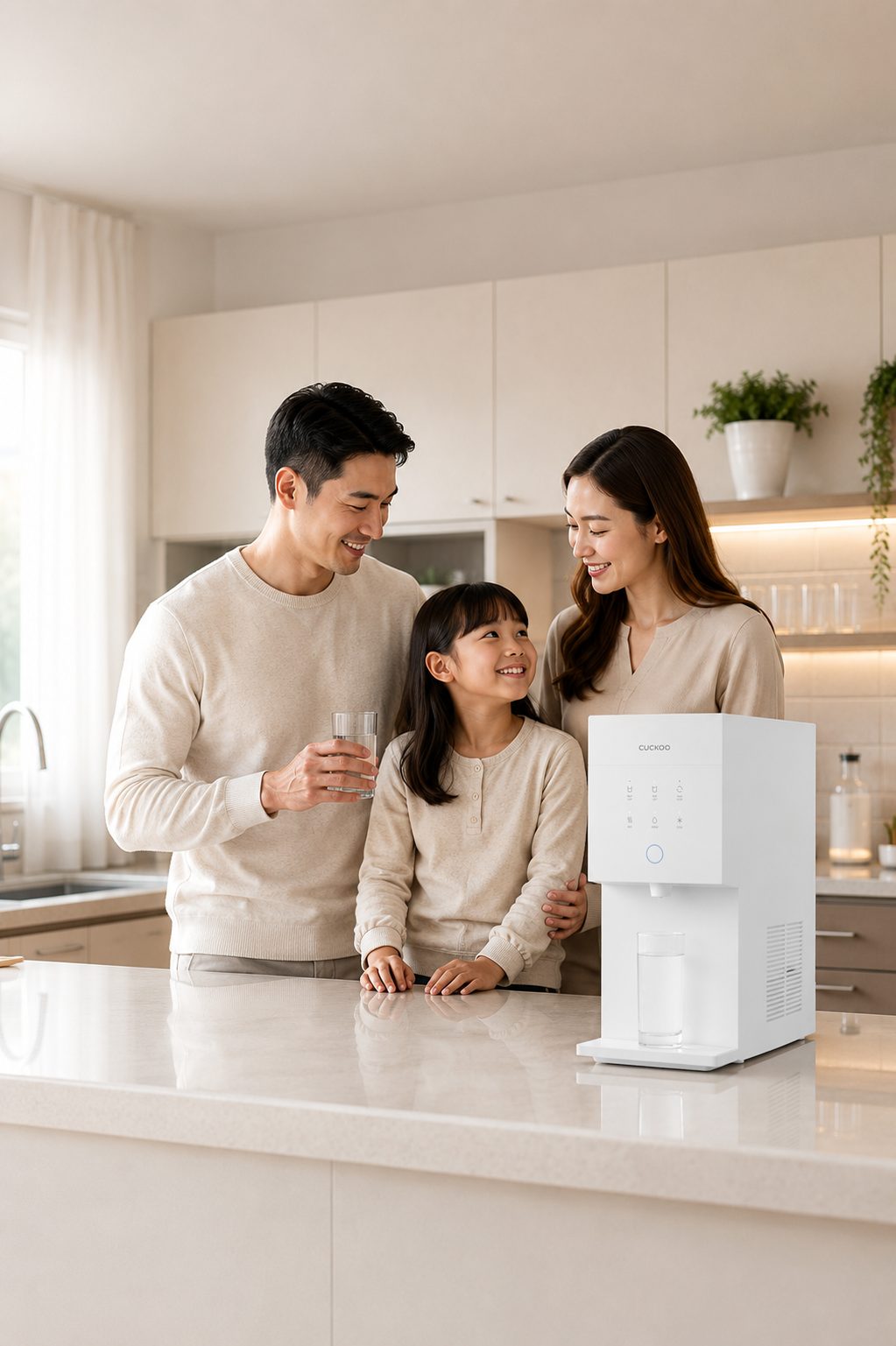 Malaysian family enjoying clean water from a CUCKOO water purifier